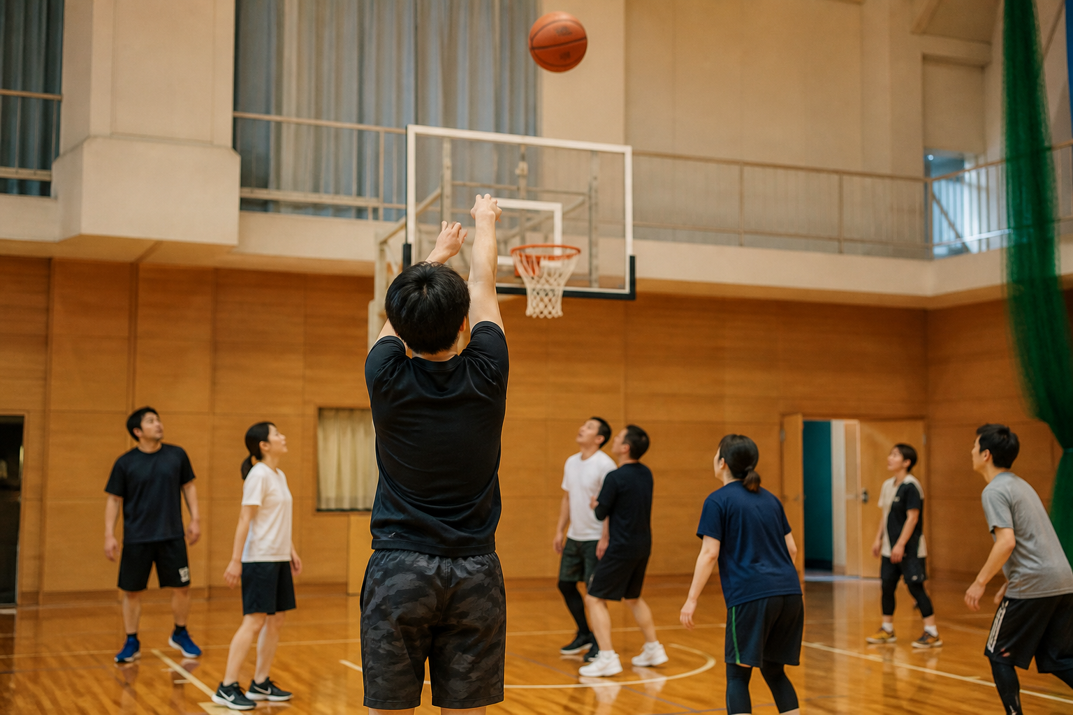 初心者も一緒にバスケットボールを楽しむプレー風景のイメージ