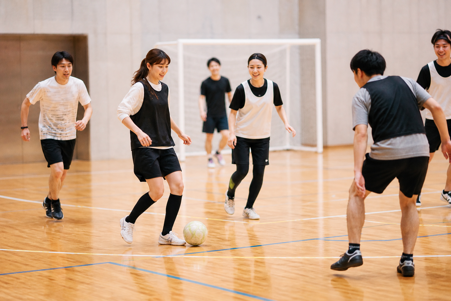 初心者も一緒にフットサルを楽しむプレー風景のイメージ
