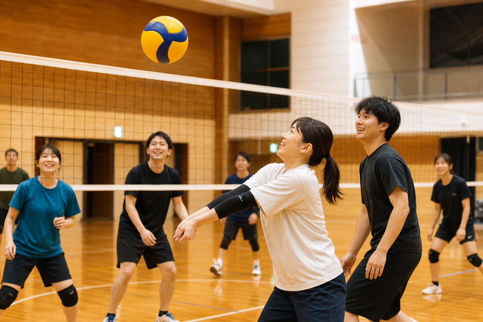 初心者も一緒にバレーボールを楽しむプレー風景のイメージ